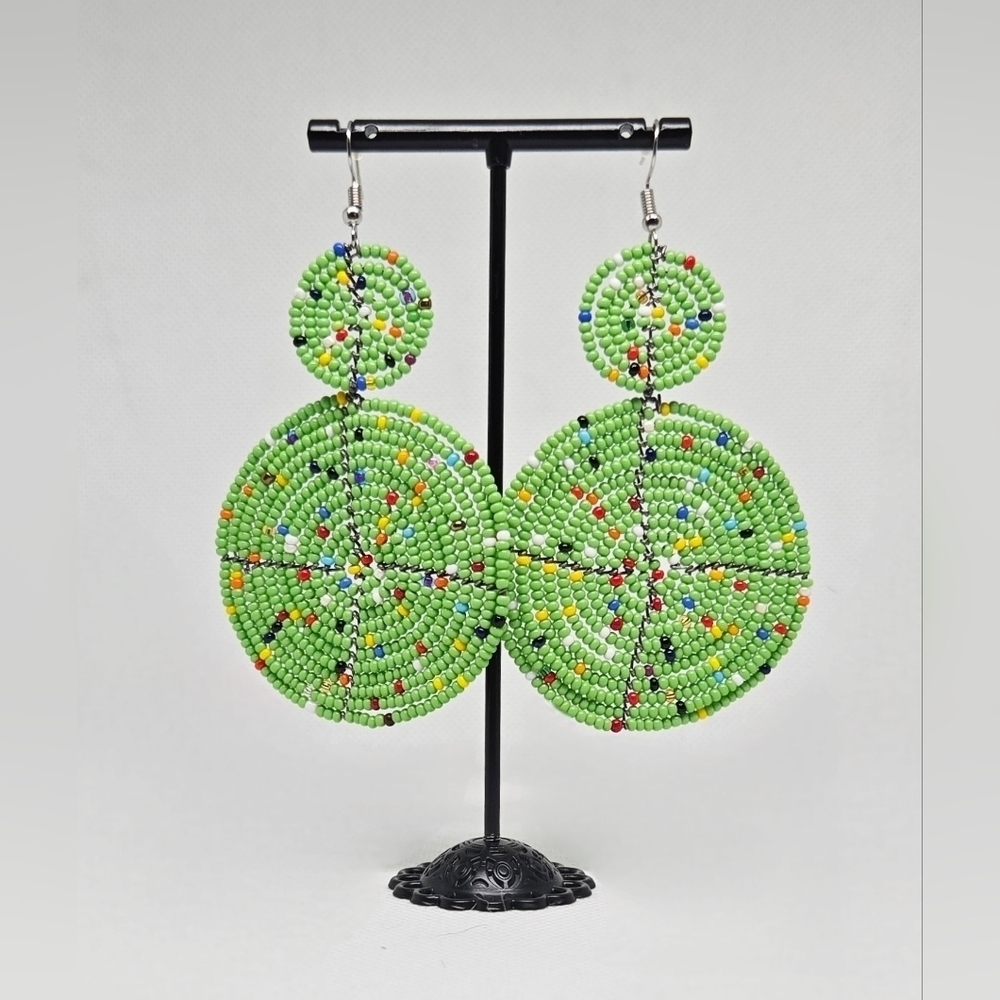 Green Seed Bead Oversized Dangle Earrings Boho Festival Statement